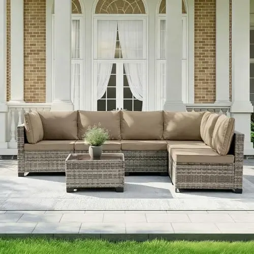 7 Pieces Outdoor Patio Furniture Sets, All-Weather Sectional Sofa Grey PE Rattan Wicker Conversation Set with Glass
7 Pieces Outdoor Patio Furniture Sets, All-Weather Sectional Sofa Grey PE Rattan Wicker Conversation Set with Glass