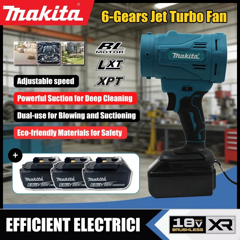 Makita 18V Battery High Speed Brushless Electric Air Blower 6-Gears Jet Turbo Fan 130000RPM Violent Fan Cordless Air Duster
Makita 18V Battery High Speed Brushless Electric Air Blower 6-Gears Jet Turbo Fan 130000RPM Violent Fan Cordless Air Duster