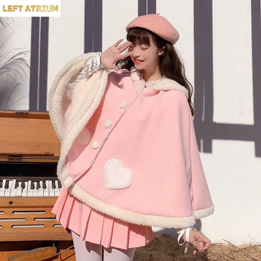 Cute Pink Hooded Poncho Sweet Overcoats Autumn Winter Kawaii Girl Lolita Cape Coat Faux Fur Cardigan Cat Ears Plush Cloak Women
Cute Pink Hooded Poncho Sweet Overcoats Autumn Winter Kawaii Girl Lolita Cape Coat Faux Fur Cardigan Cat Ears Plush Cloak Women
