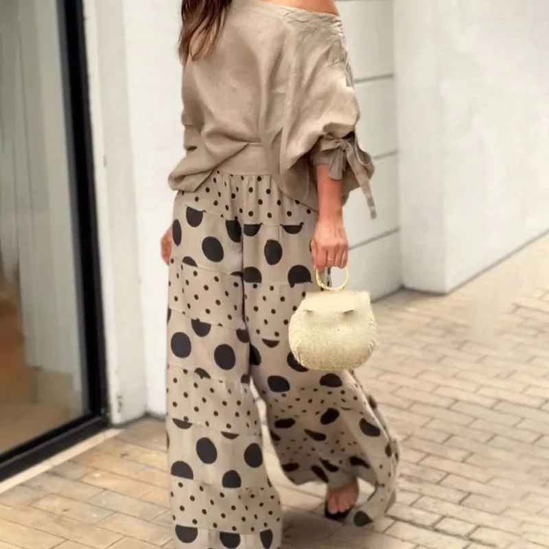 2 Piece Set Women Sexy Outfit Off-shoulder Tops With Polka Dot Print Wide Leg Pants Matching Suit 2025 Spring Autumn Loose Suit
2 Piece Set Women Sexy Outfit Off-shoulder Tops With Polka Dot Print Wide Leg Pants Matching Suit 2025 Spring Autumn Loose Suit