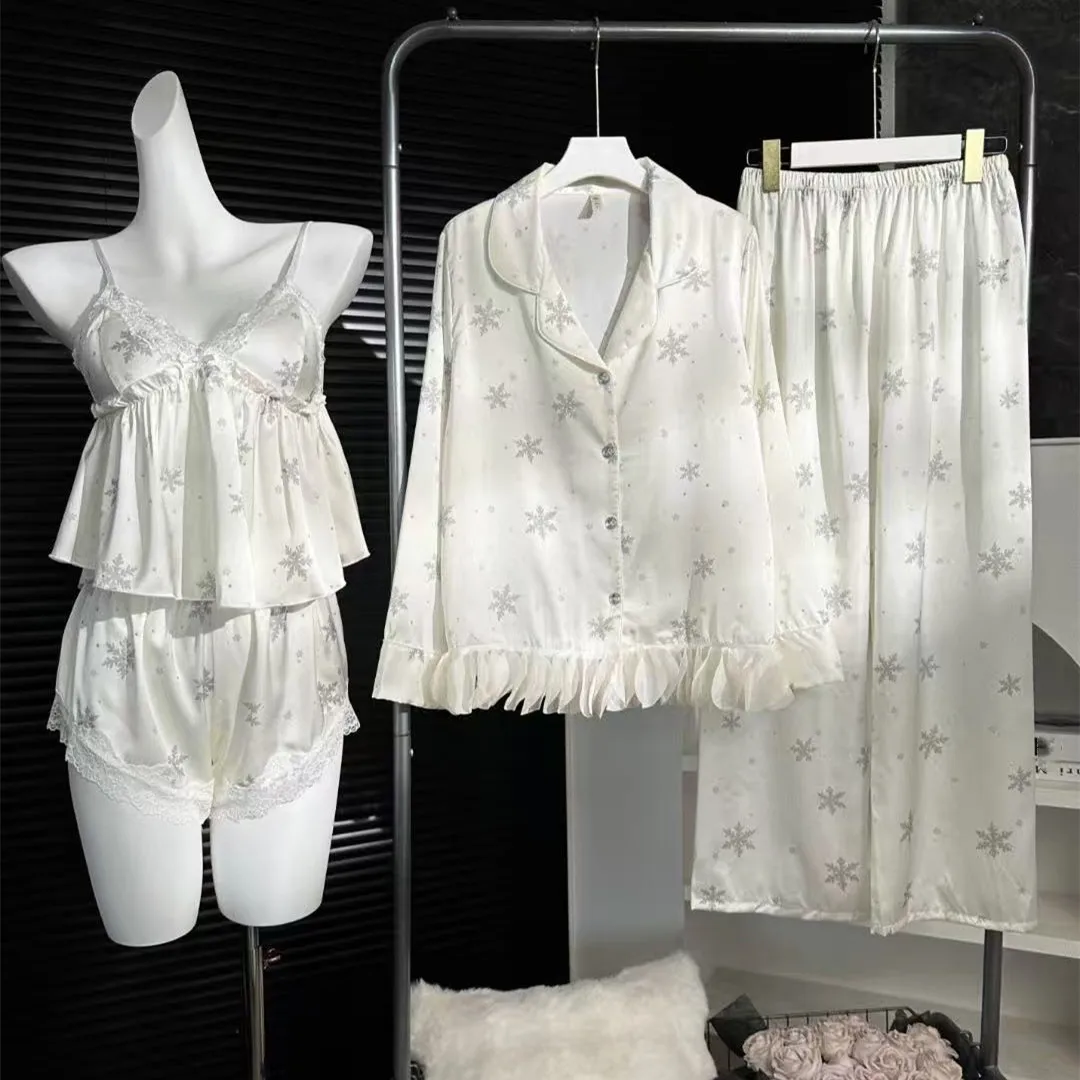 Summer Print Snowflake Pajamas Four Piece Suit Sexy Silky Satin Women's Sleepwear Pijamas Suit Loungewear
Summer Print Snowflake Pajamas Four Piece Suit Sexy Silky Satin Women's Sleepwear Pijamas Suit Loungewear