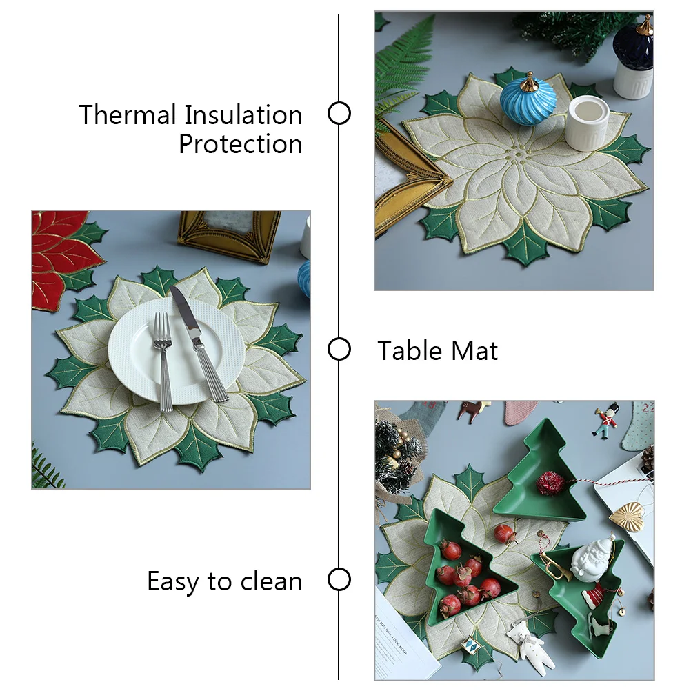4Pcs Christmas Placemat Embroidered Poinsettia Decorative Heat Resistant Table Plate Mats Holiday Dining Table Decoration
4Pcs Christmas Placemat Embroidered Poinsettia Decorative Heat Resistant Table Plate Mats Holiday Dining Table Decoration