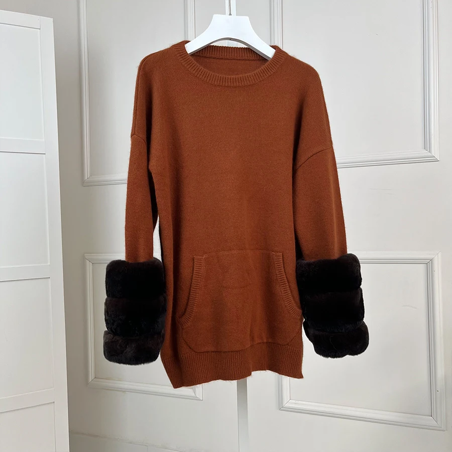 Casual Knitwear Female Clothing Cashmere Sweater With Real Rabbit Fur Trims Sweater Women Luxury Brand
Casual Knitwear Female Clothing Cashmere Sweater With Real Rabbit Fur Trims Sweater Women Luxury Brand