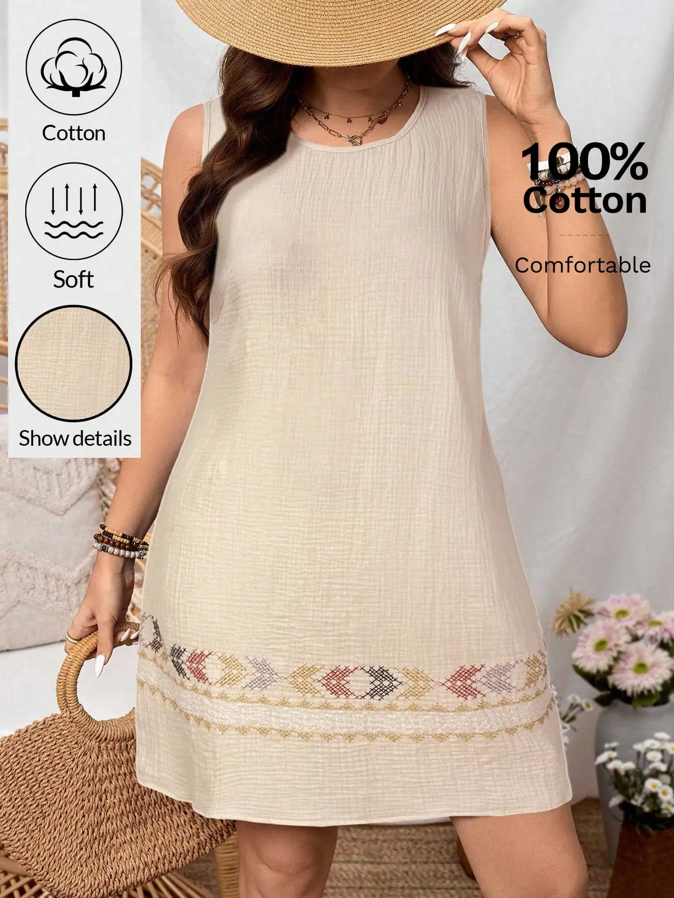 Casual Sleeveless Round Neck Embroidered A-Line Mini Dress For Women Summer
Casual Sleeveless Round Neck Embroidered A-Line Mini Dress For Women Summer