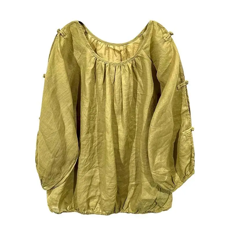 Vintage Plate Button Blous Women Fashion Solid Color Design Sense Three Quarter Sleeve Blouse Loose Pleated Pullover Top Summer
Vintage Plate Button Blous Women Fashion Solid Color Design Sense Three Quarter Sleeve Blouse Loose Pleated Pullover Top Summer