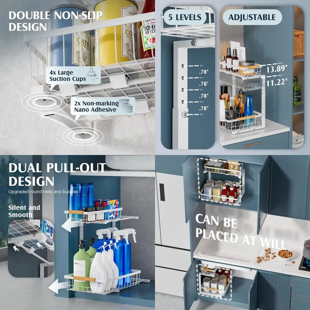 2-Tier Adjustable Height Pull-Out Under-Sink Organizer, White Metal Storage Cabinet, Kitchen & Bathroom, VF-JT01-WH
2-Tier Adjustable Height Pull-Out Under-Sink Organizer, White Metal Storage Cabinet, Kitchen & Bathroom, VF-JT01-WH