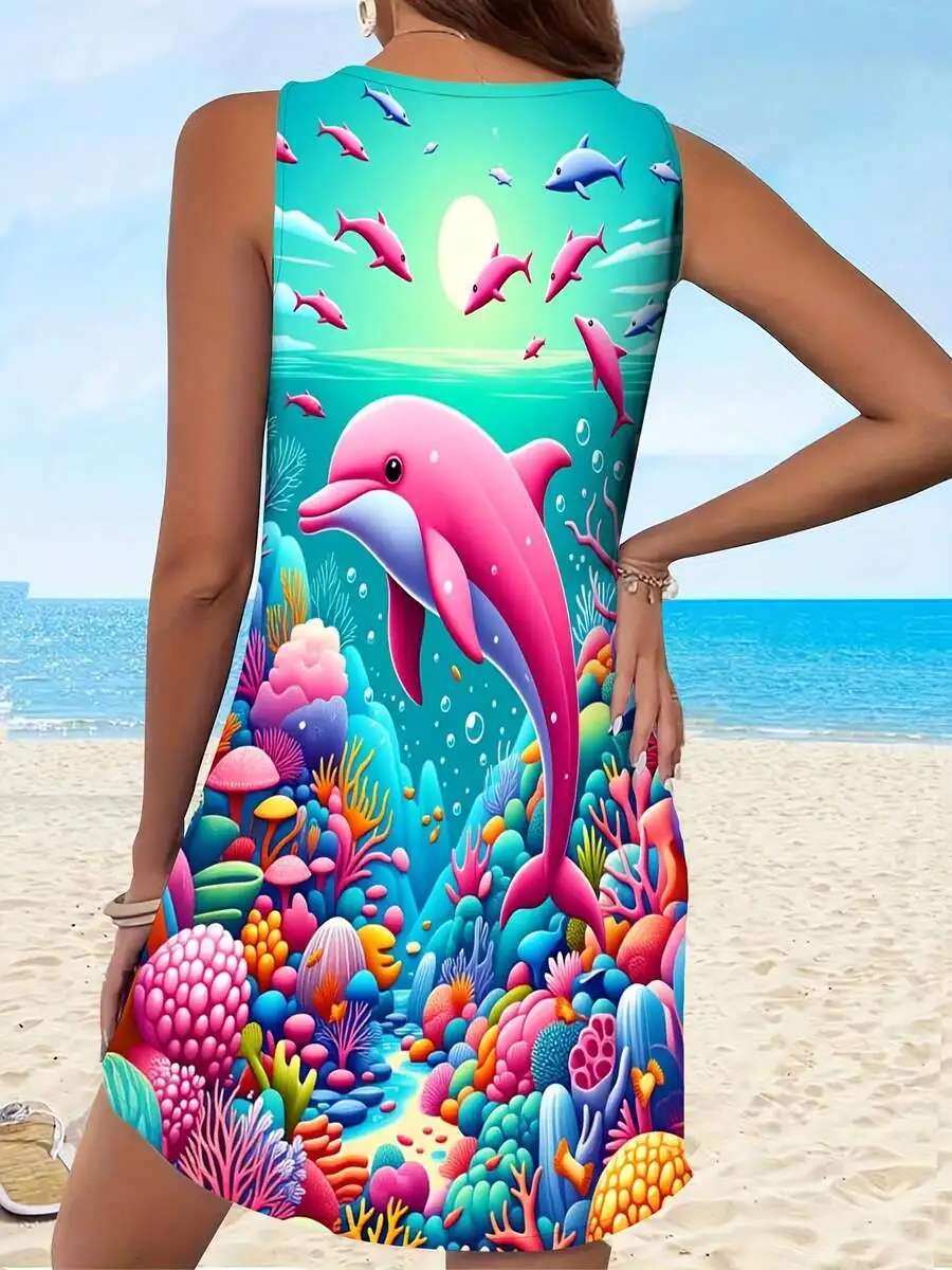 Sleeveless Beach Dress For Women With Pink Dolphin And Coral Reef Print Summer Vacation Outfit
Sleeveless Beach Dress For Women With Pink Dolphin And Coral Reef Print Summer Vacation Outfit