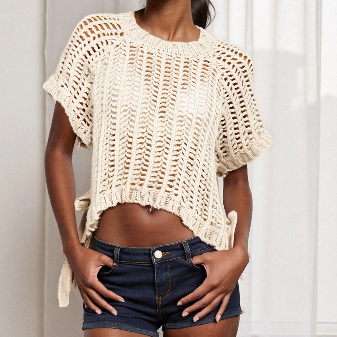 Women's Spring Summer Autumn Hollow Loose Sweater Solid Color Short Sleeve Round Neck Tie-up Hem Knitwear Pullover
Women's Spring Summer Autumn Hollow Loose Sweater Solid Color Short Sleeve Round Neck Tie-up Hem Knitwear Pullover