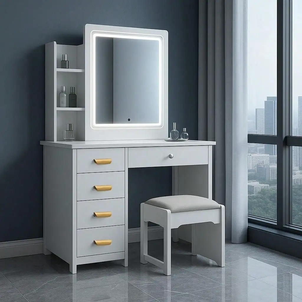 LED Lighted Makeup Vanity Ample Shelves & Drawers, Space-Saving Dressing Table with Stool for Small Bedrooms
LED Lighted Makeup Vanity Ample Shelves & Drawers, Space-Saving Dressing Table with Stool for Small Bedrooms