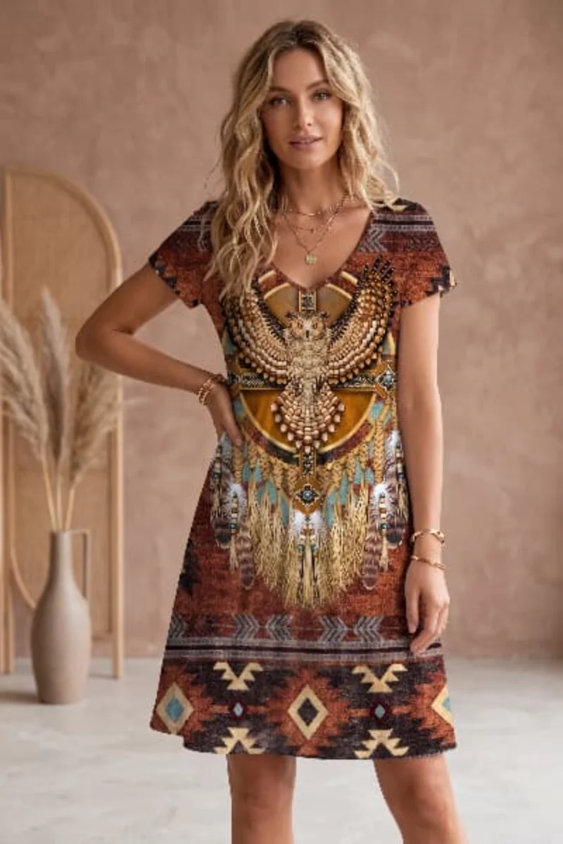 Women's Tribal-Style Eagle Print Short-Sleeve Dress — Summer Casual V-Neck Dress
Women's Tribal-Style Eagle Print Short-Sleeve Dress — Summer Casual V-Neck Dress