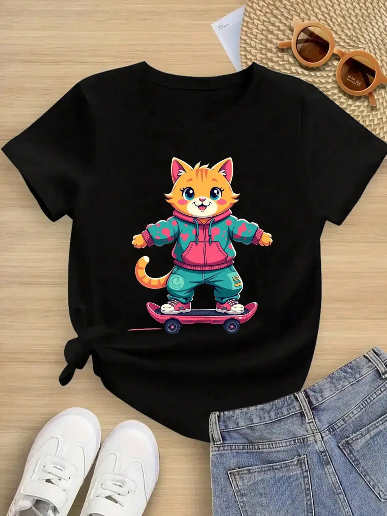 Boys/Girls Summer Playful Cat Cotton Graphic Tees, Black Summer Tops With Skateboarding Cat
Boys/Girls Summer Playful Cat Cotton Graphic Tees, Black Summer Tops With Skateboarding Cat