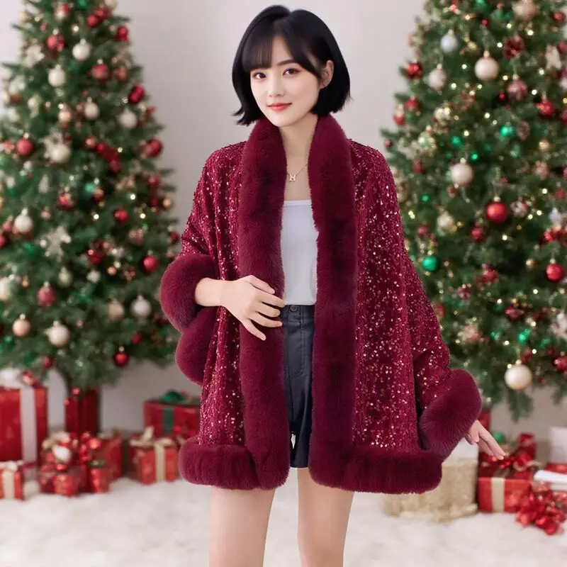 2025 Winter Christmas Women Sequined Faux Fur Shawl Warm Wrap Cape Plus Velvet Thicken Large Collar Luxury Loose Cardigan Cloak
2025 Winter Christmas Women Sequined Faux Fur Shawl Warm Wrap Cape Plus Velvet Thicken Large Collar Luxury Loose Cardigan Cloak