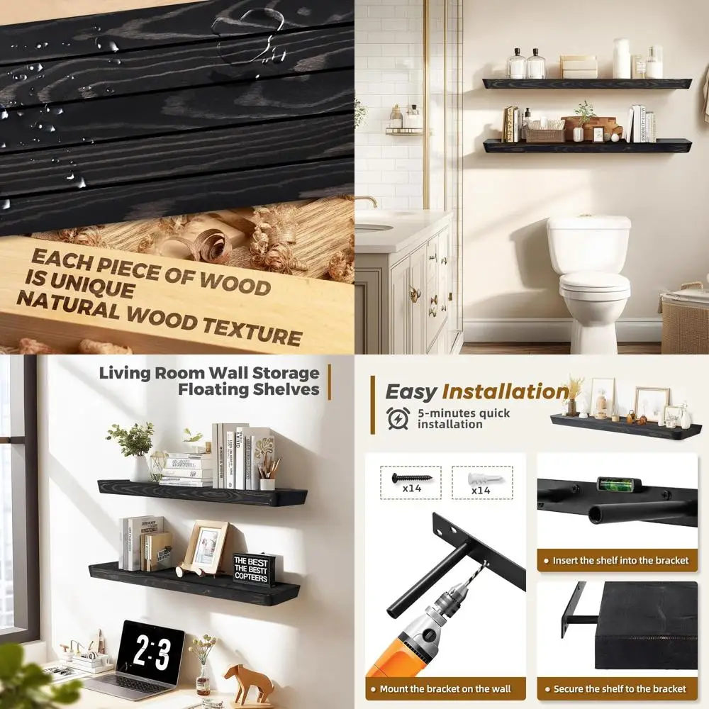 Double Pack of 36x6.8x1.6 Slanted Wall Shelves in Rustic Black, Solid Wood with Concealed Brackets, Ideal for Home and Office
Double Pack of 36x6.8x1.6 Slanted Wall Shelves in Rustic Black, Solid Wood with Concealed Brackets, Ideal for Home and Office