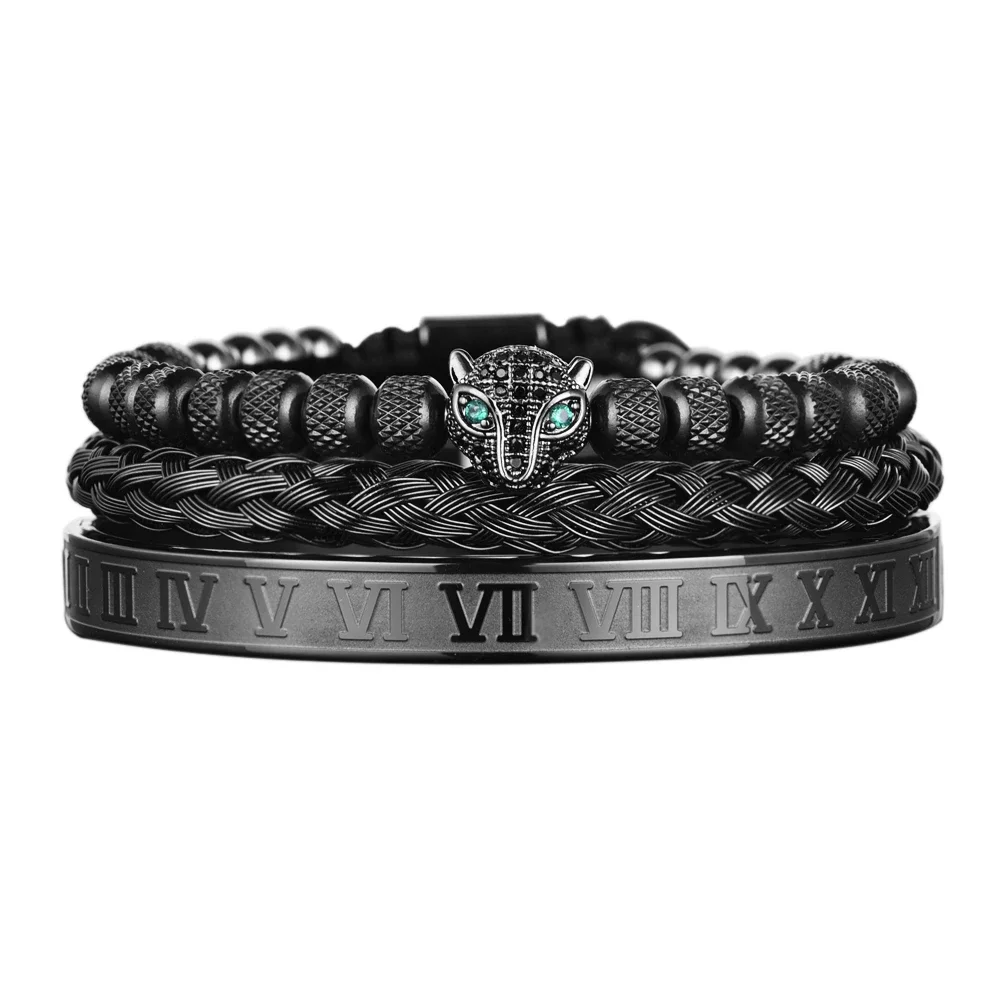 3pcs/set Classical Handmade Braiding Bracelet Hip Hop Men Pave CZ Leopard Head Roman Numeral Bracelet Stainless Steel Jewelry
3pcs/set Classical Handmade Braiding Bracelet Hip Hop Men Pave CZ Leopard Head Roman Numeral Bracelet Stainless Steel Jewelry