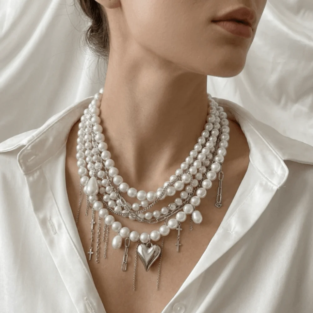 Elegant Multi Layer Clavicle Chain Irregular Broken Heart Cross Faux Pearl Tassel Necklace Dainty Design Silver Color
Elegant Multi Layer Clavicle Chain Irregular Broken Heart Cross Faux Pearl Tassel Necklace Dainty Design Silver Color