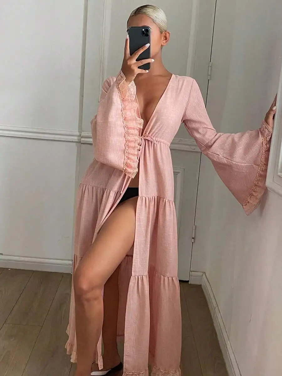 Womens Deep V-Neck Pleated Long Sleeve Loungewear Robe
Womens Deep V-Neck Pleated Long Sleeve Loungewear Robe