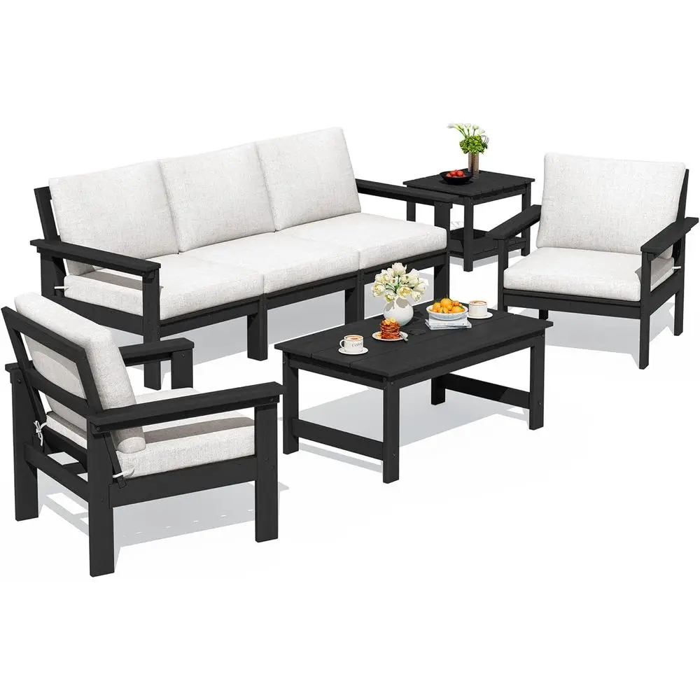 7-Piece HDPE Outdoor Sectional Sofa Set with Weather-Resistant Black Frame and Khaki Cushions
7-Piece HDPE Outdoor Sectional Sofa Set with Weather-Resistant Black Frame and Khaki Cushions