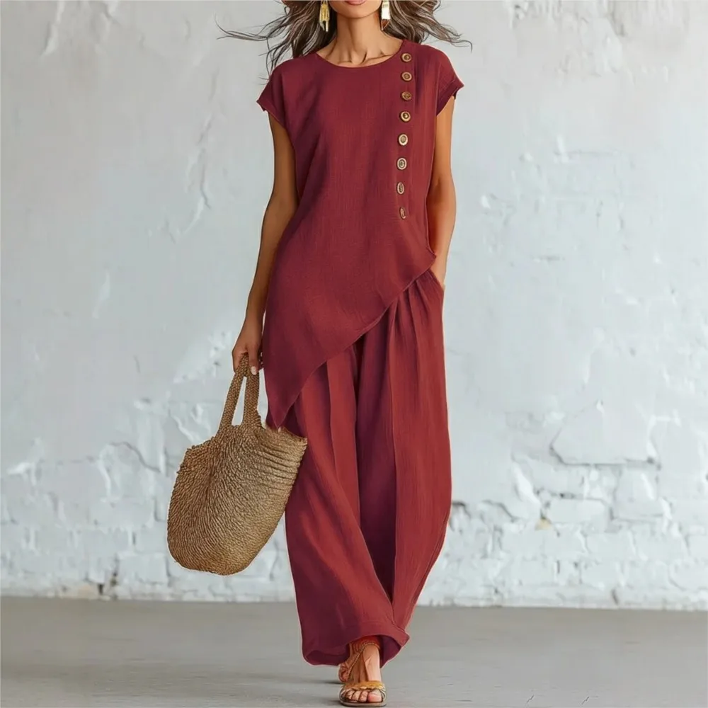 Summer Casual O Neck Button Down Short-sleeved Top Women Loose Wide-leg Trousers Suits Irregular Top Seaside Vacation 2piece Set
Summer Casual O Neck Button Down Short-sleeved Top Women Loose Wide-leg Trousers Suits Irregular Top Seaside Vacation 2piece Set