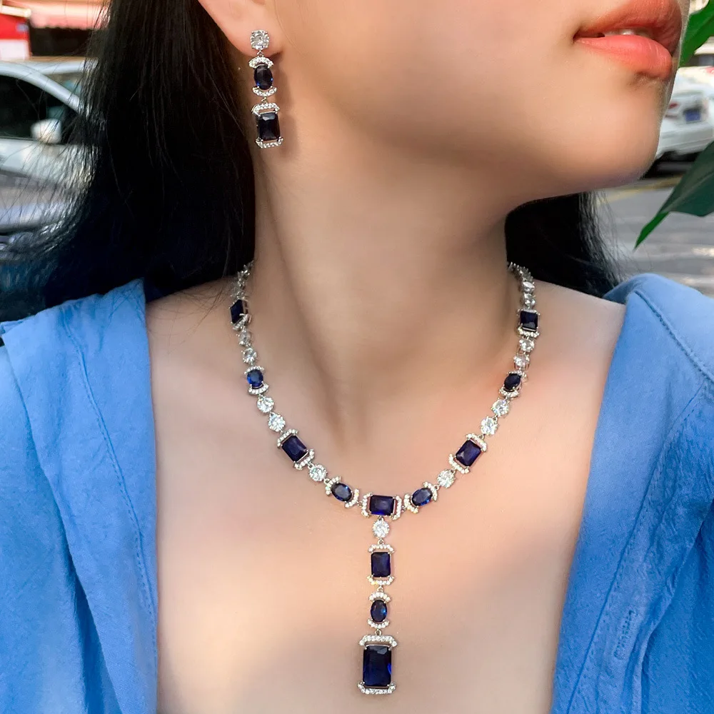 Trendy Lab Sapphire Diamond Jewelry set White Gold Party Wedding Earrings Necklace For Women Bridal Anniversary Jewelry
Trendy Lab Sapphire Diamond Jewelry set White Gold Party Wedding Earrings Necklace For Women Bridal Anniversary Jewelry