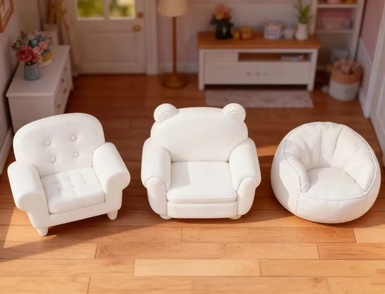 Dollhouse Mini Sofa Set, White Bear Armchair&Bean Bag Chair,Simulation Living Room Furniture for Dollhouse Diorama Scene Layout
Dollhouse Mini Sofa Set, White Bear Armchair&Bean Bag Chair,Simulation Living Room Furniture for Dollhouse Diorama Scene Layout
