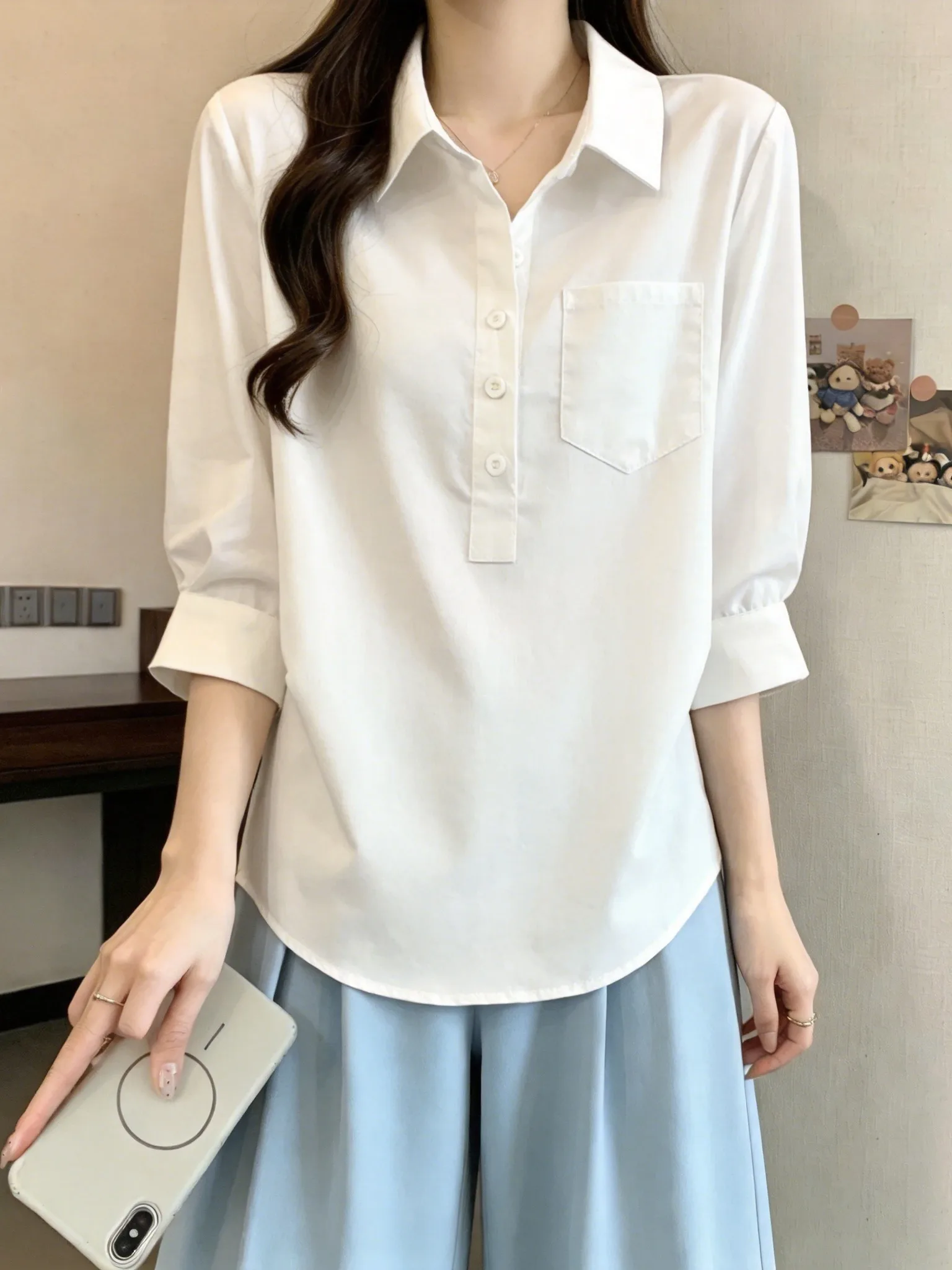 plus Size Summer New Style Slimming mid Sleeve Shirt Women's Commute Loose Half Open Collar Casual Fashion Ladies' Shirt
plus Size Summer New Style Slimming mid Sleeve Shirt Women's Commute Loose Half Open Collar Casual Fashion Ladies' Shirt