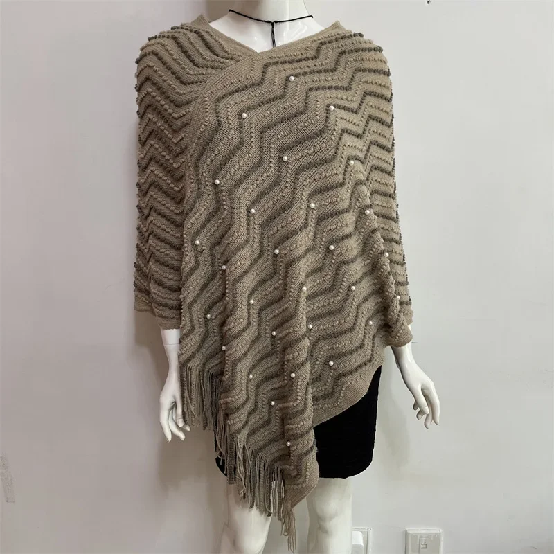 Spring Autumn New Style Shawl Cloak Women Pearl Color Matching Nail Bead Imitation Cashmere Warm Tassel Knitted Coat Khaki
Spring Autumn New Style Shawl Cloak Women Pearl Color Matching Nail Bead Imitation Cashmere Warm Tassel Knitted Coat Khaki