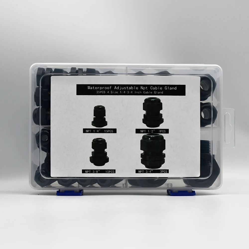 NPT Cable Glands Kit Waterproof Adjustable1/4” 3/8” 1/2” 3/4” Plastic Strain Relief Cord Connectors 35pcs Black With Gaskets
NPT Cable Glands Kit Waterproof Adjustable1/4” 3/8” 1/2” 3/4” Plastic Strain Relief Cord Connectors 35pcs Black With Gaskets