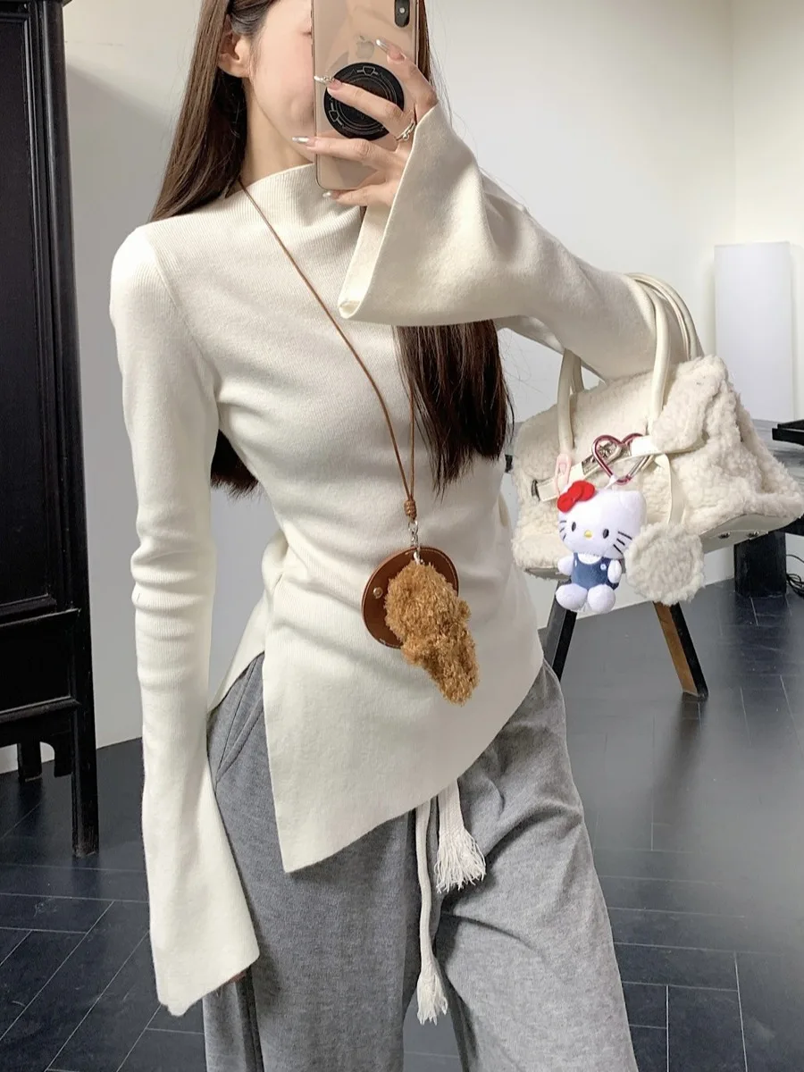 Women's Half High Collar Knitted Base Shirt Asymmetric Bell Sleeve Soft Sweater Inner Wear Casual Slim Fit Long Sleeve Top
Women's Half High Collar Knitted Base Shirt Asymmetric Bell Sleeve Soft Sweater Inner Wear Casual Slim Fit Long Sleeve Top