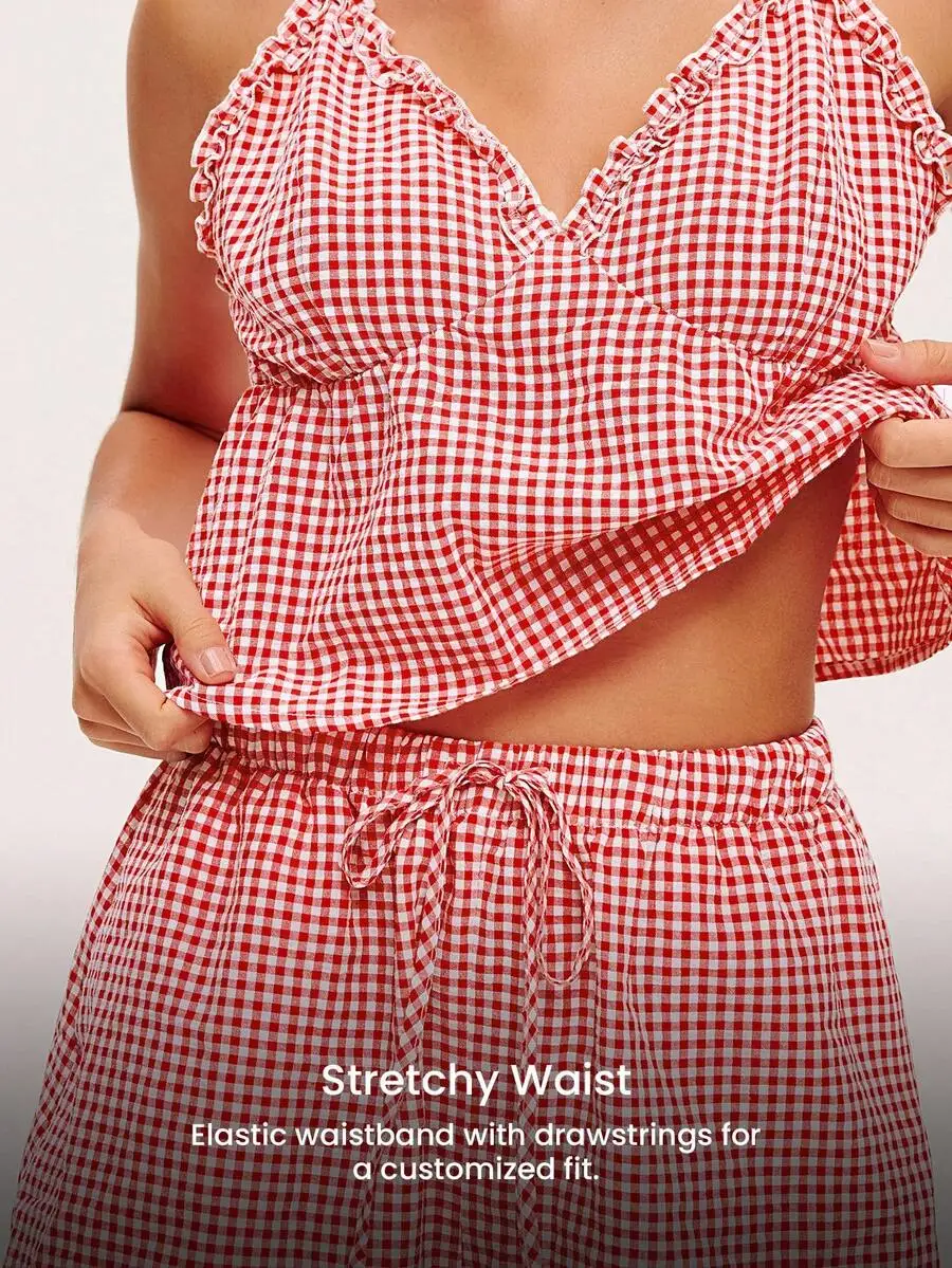 Women Red Plaid Cotton V-Neck Ruffled Camisole And Shorts Pajama Set With Stretchy Waist
Women Red Plaid Cotton V-Neck Ruffled Camisole And Shorts Pajama Set With Stretchy Waist