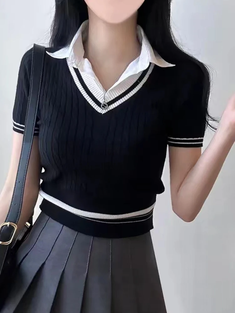 Korean Sle Splice Knitted irt Women's Sweet And Spicy ort Sve Top Faionable College Sle Youthful Design
Korean Sle Splice Knitted irt Women's Sweet And Spicy ort Sve Top Faionable College Sle Youthful Design