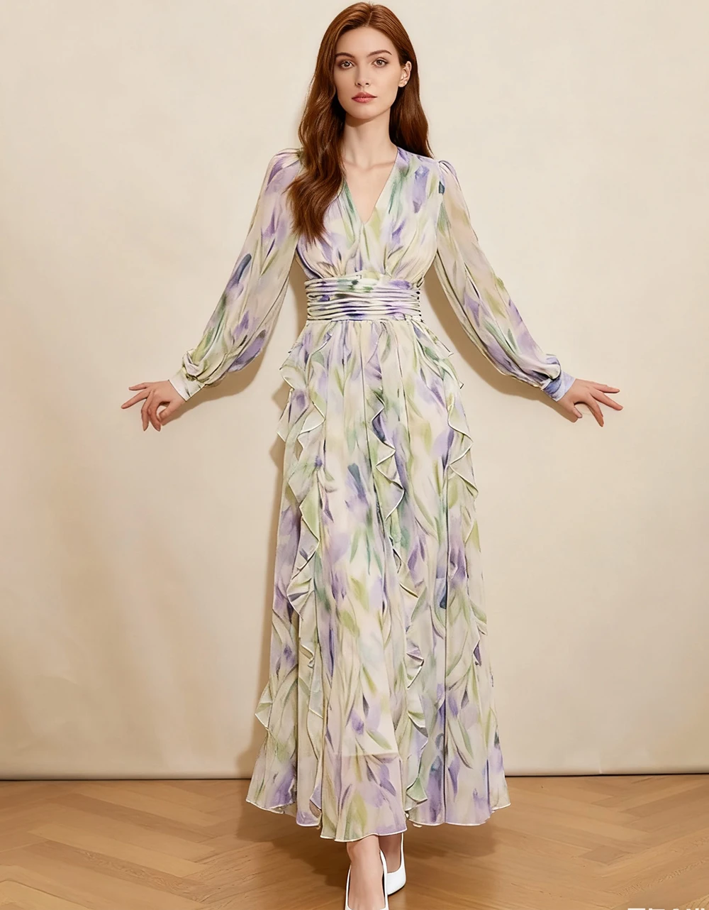 Elegant Print Chiffon Long Dress Women V Neck Lantern Sleeve Pleated High Waist Ruffle Hem Flowy Floor Length Maxi Dress
Elegant Print Chiffon Long Dress Women V Neck Lantern Sleeve Pleated High Waist Ruffle Hem Flowy Floor Length Maxi Dress