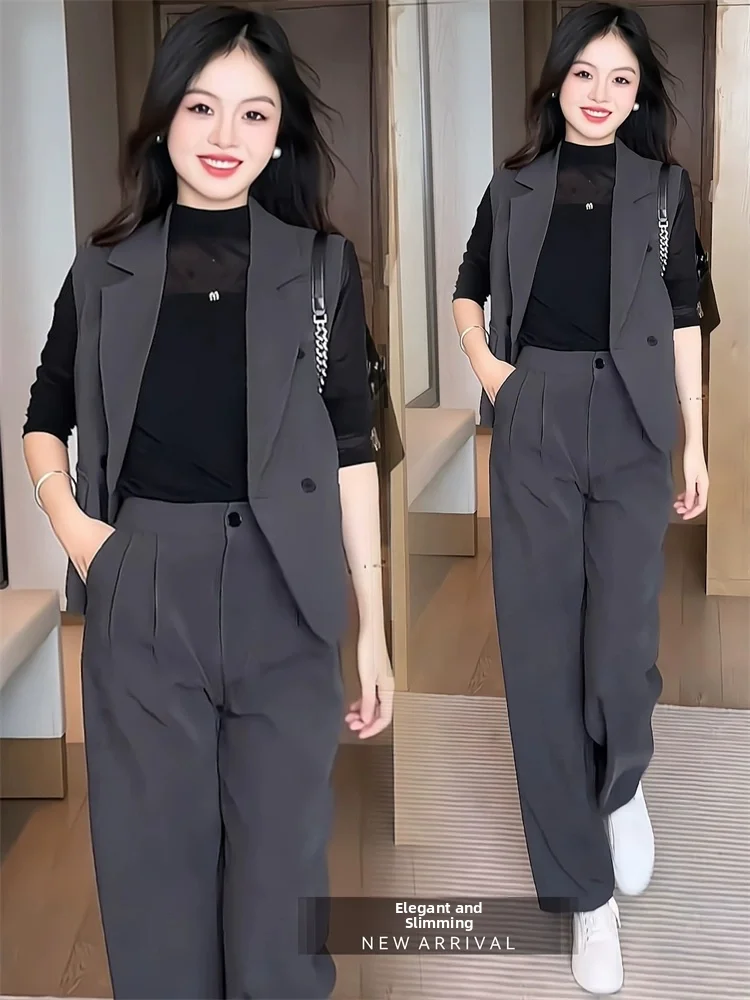 Fashionable Slimming Spring Autumn Women's Suit Set Sleeveless Straight Leg Pants Base Layer Shirt Three Piece Professional Suit
Fashionable Slimming Spring Autumn Women's Suit Set Sleeveless Straight Leg Pants Base Layer Shirt Three Piece Professional Suit