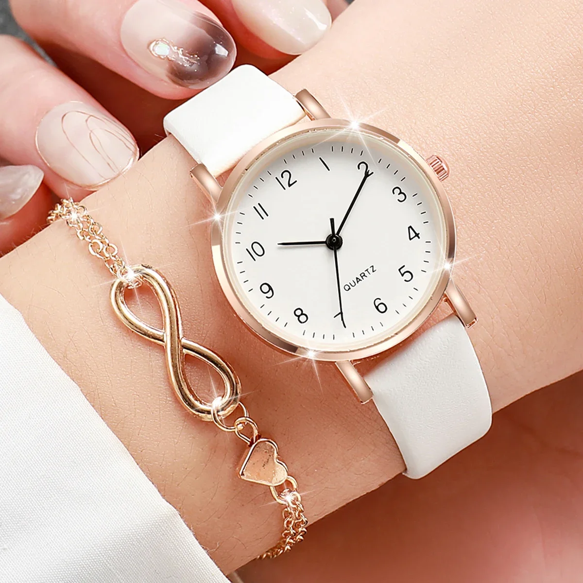 2Pcs Infinity Heart Watch Bracelet Set Women White Leather Round Dial Quartz Wristwatch Rose Gold Charm Bracelet Jewelry Gift
2Pcs Infinity Heart Watch Bracelet Set Women White Leather Round Dial Quartz Wristwatch Rose Gold Charm Bracelet Jewelry Gift