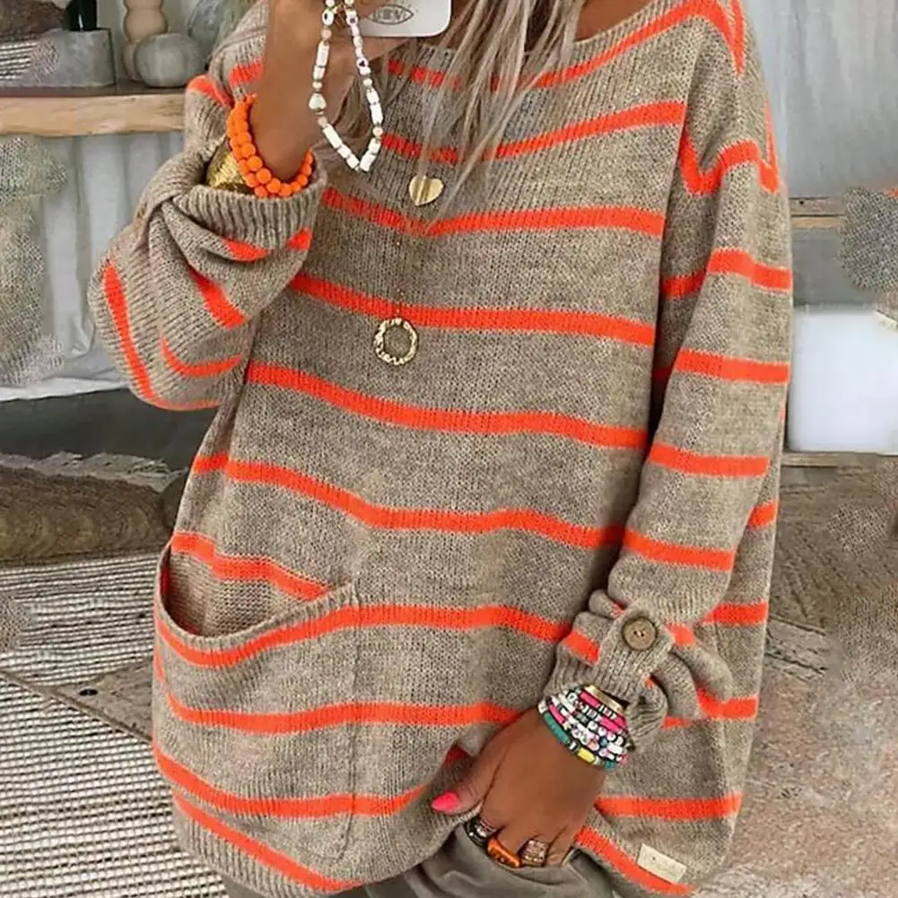 O-Neck Long Sleeves Big Pocket Buttons Cuffs Pullover Sweater Lady Autumn Winter Striped Print Oversized Knitting Sweater Pulls
O-Neck Long Sleeves Big Pocket Buttons Cuffs Pullover Sweater Lady Autumn Winter Striped Print Oversized Knitting Sweater Pulls