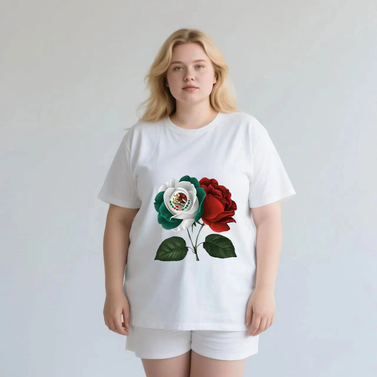 Cartoon rose print is fashionable and elegant plus size Ladies' casual short sleeved T-shirt white
Cartoon rose print is fashionable and elegant plus size Ladies' casual short sleeved T-shirt white