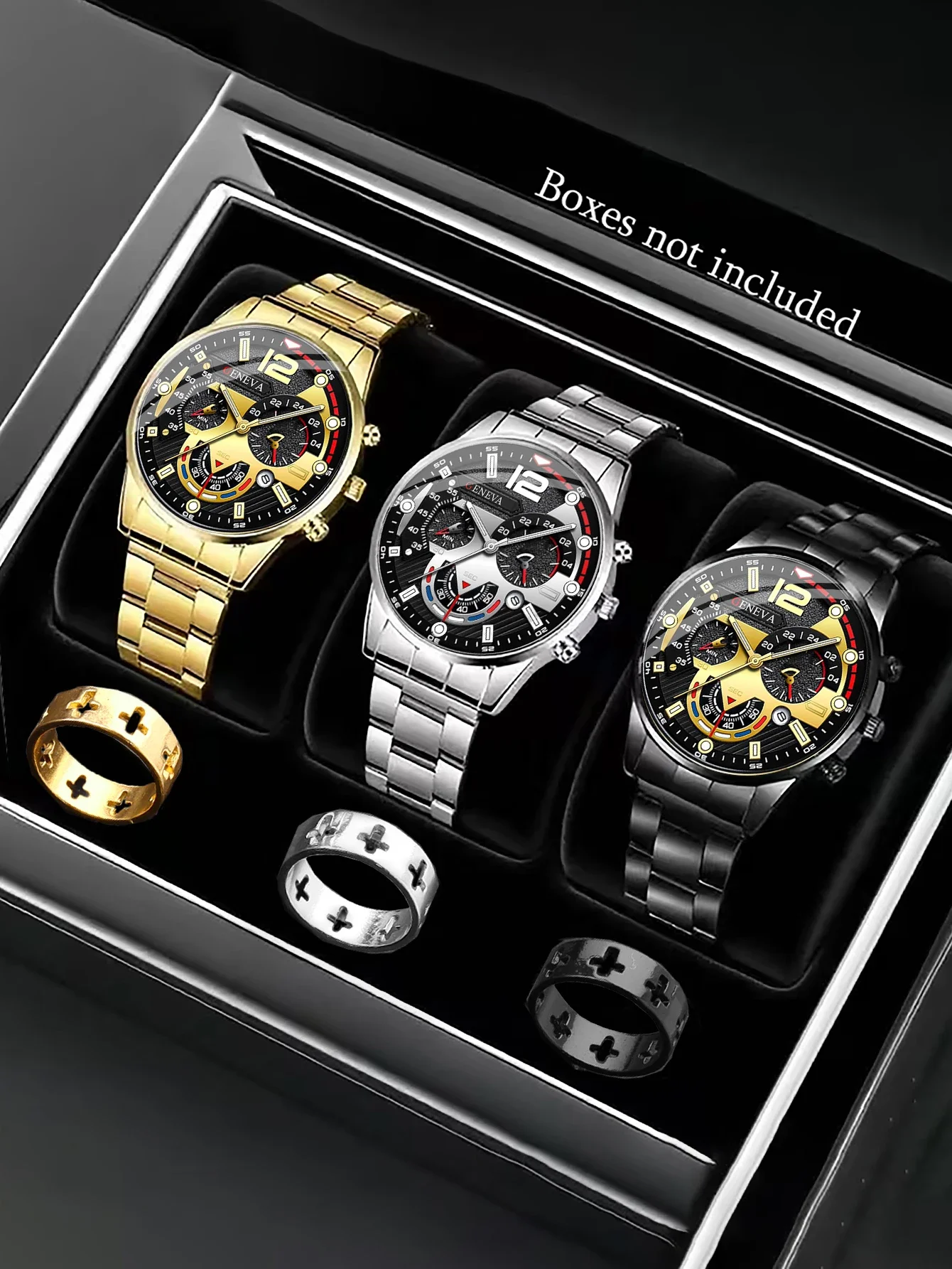 Three men's steel strap calendar quartz watch sports night light pointer watch men's watch+ring
Three men's steel strap calendar quartz watch sports night light pointer watch men's watch+ring