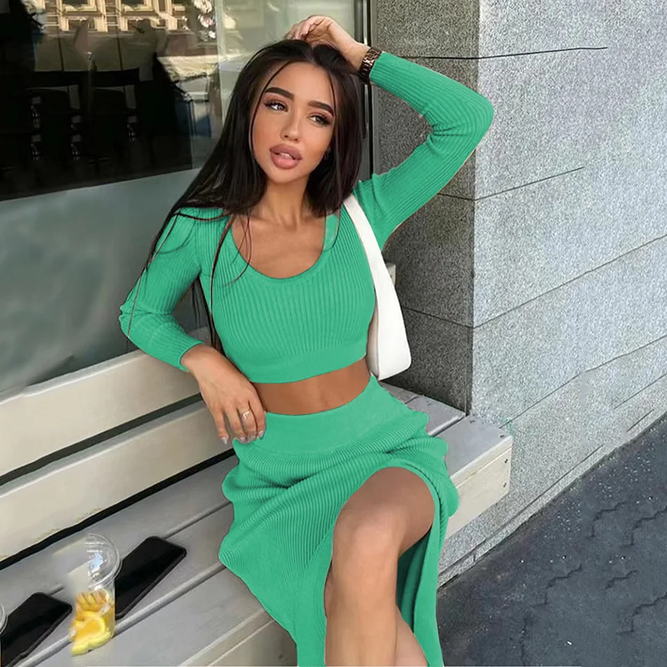 Sexy Knitted Split Skirt Autumn Casual Fashion Dress Long Sleeve Pullover Crop Top 2 Piece Sets Women Bodycon Suit 2022 Spring
Sexy Knitted Split Skirt Autumn Casual Fashion Dress Long Sleeve Pullover Crop Top 2 Piece Sets Women Bodycon Suit 2022 Spring
