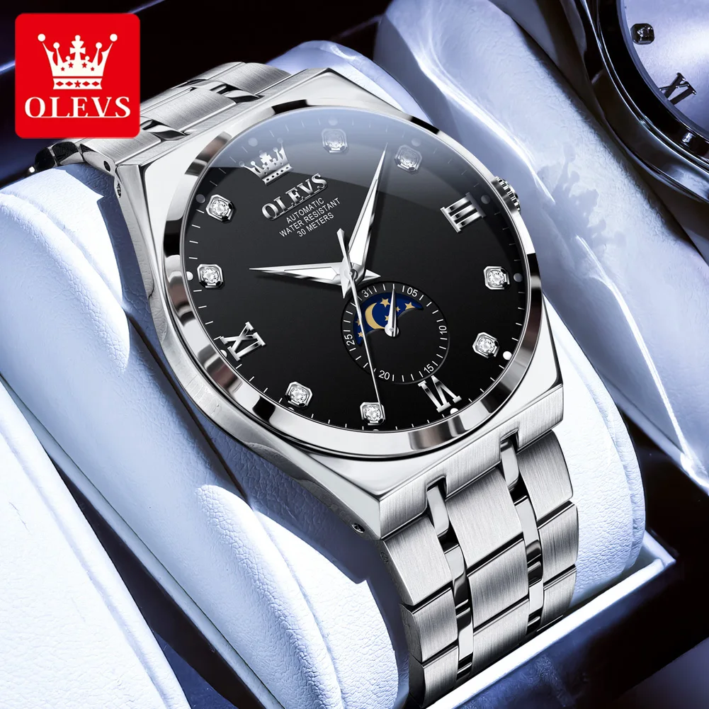 Часы OLEVS для мужчин, водонепроницаемые, со стальным ремешком, 24-часовые, с фазой Луны, светящиеся, роскошные, оригинальные, автоматические механические наручные часы 7069
Часы OLEVS для мужчин, водонепроницаемые, со стальным ремешком, 24-часовые, с фазой Луны, светящиеся, роскошные, оригинальные, автоматические механические наручные часы 7069