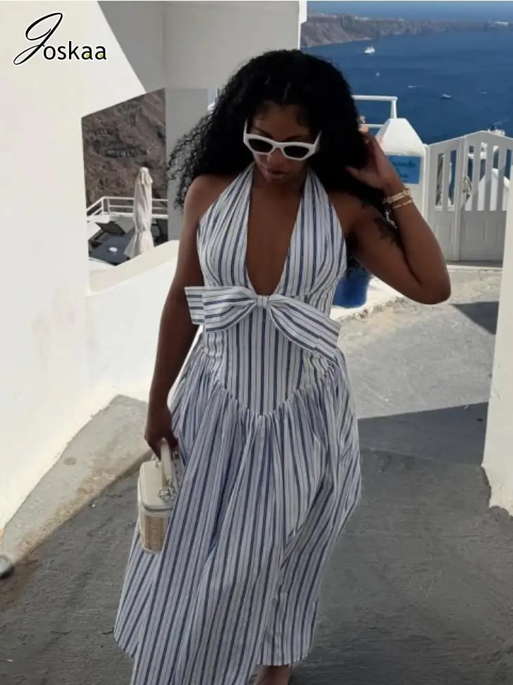 Joskaa 2025 Summer Women's Halter Backless Dress Sexy Striped Print Deep V-Neck Bowknot A-Line Party Dresses Holiday Streetwear
Joskaa 2025 Summer Women's Halter Backless Dress Sexy Striped Print Deep V-Neck Bowknot A-Line Party Dresses Holiday Streetwear