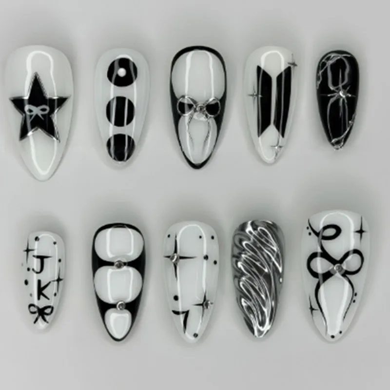 24PCS Sweet Cool Black Almond False Nails with Glue Simple Silver Star Bow Fake Nails for Spice Girls Polka Dots Nails Press On
24PCS Sweet Cool Black Almond False Nails with Glue Simple Silver Star Bow Fake Nails for Spice Girls Polka Dots Nails Press On