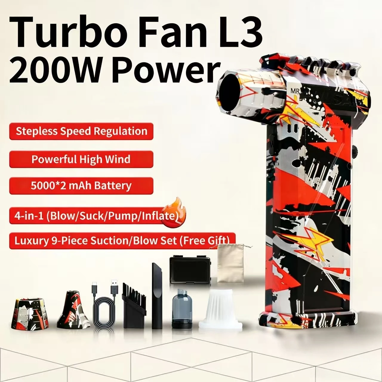 . Вентилятор и пылесос L3, 250000 об/мин, сильный воздушный поток, 53 м/с, перезаряжаемая турбоструйная струя типа C
. Вентилятор и пылесос L3, 250000 об/мин, сильный воздушный поток, 53 м/с, перезаряжаемая турбоструйная струя типа C