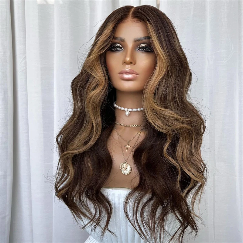 Woman wigs Brown Mixed Honey Blonde Highlights Synthetic Lace Front Wig Loose Curly wigs with 13x4 Lace Part Small Large Cap
Woman wigs Brown Mixed Honey Blonde Highlights Synthetic Lace Front Wig Loose Curly wigs with 13x4 Lace Part Small Large Cap