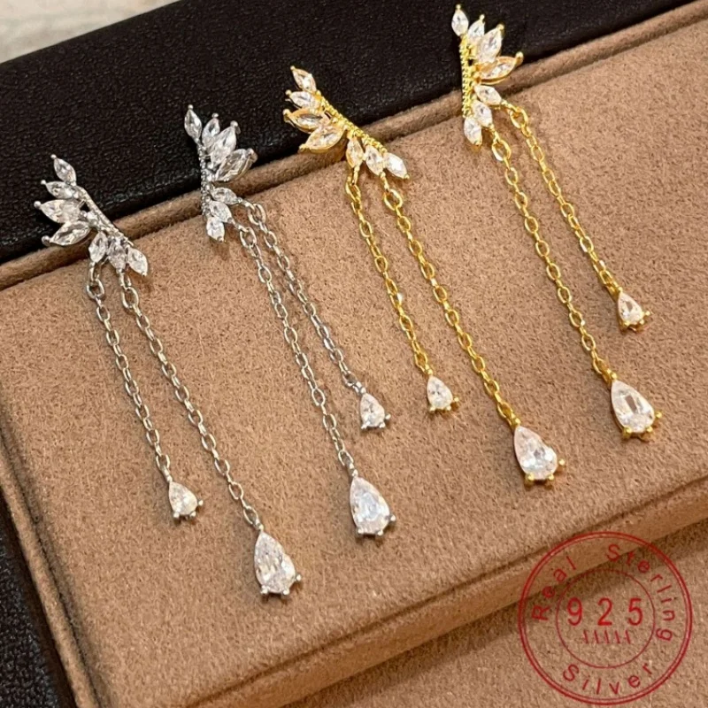 Elegant Leaf Wing CZ Tassel Earrings, 925 Sterling Silver Water Drop Cubic Zirconia Dangle Earrings, Fine Jewelry for Women
Elegant Leaf Wing CZ Tassel Earrings, 925 Sterling Silver Water Drop Cubic Zirconia Dangle Earrings, Fine Jewelry for Women