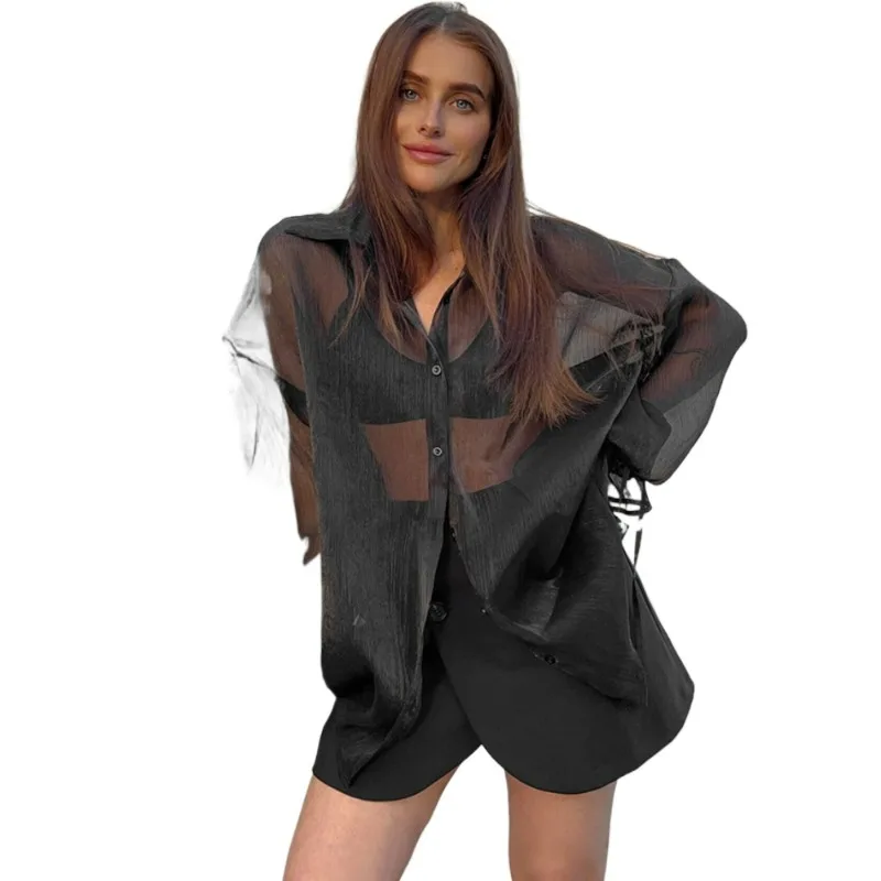 Fashion Lace Up Long Sleeve Shirts Female Black Loose Casual Shirt Ladies New See Through Mesh Cardigan For Women
Fashion Lace Up Long Sleeve Shirts Female Black Loose Casual Shirt Ladies New See Through Mesh Cardigan For Women