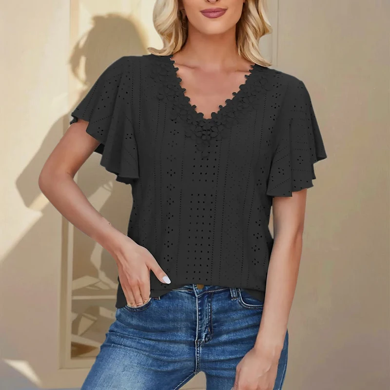 Ruffle Lace V-neck Casual Women Blouses 2024 Summer Vintage Oversized Elegant Solid Shirts Tops Female Athletic Commuting Tee
Ruffle Lace V-neck Casual Women Blouses 2024 Summer Vintage Oversized Elegant Solid Shirts Tops Female Athletic Commuting Tee