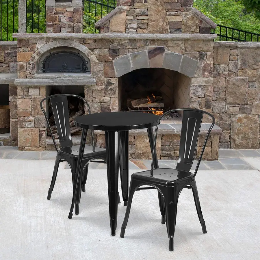 Commercial 24 Round Black Metal IndoorOutdoor Table Set with 2 Cafe Chairs
Commercial 24 Round Black Metal IndoorOutdoor Table Set with 2 Cafe Chairs