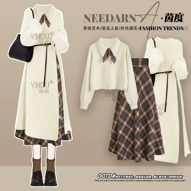Long Sleeve Knitted Dress Checkered Splicing Half Skirt Collar Knitted Sweater 3-Piece Set Elegant Women's Skirt Set
Long Sleeve Knitted Dress Checkered Splicing Half Skirt Collar Knitted Sweater 3-Piece Set Elegant Women's Skirt Set