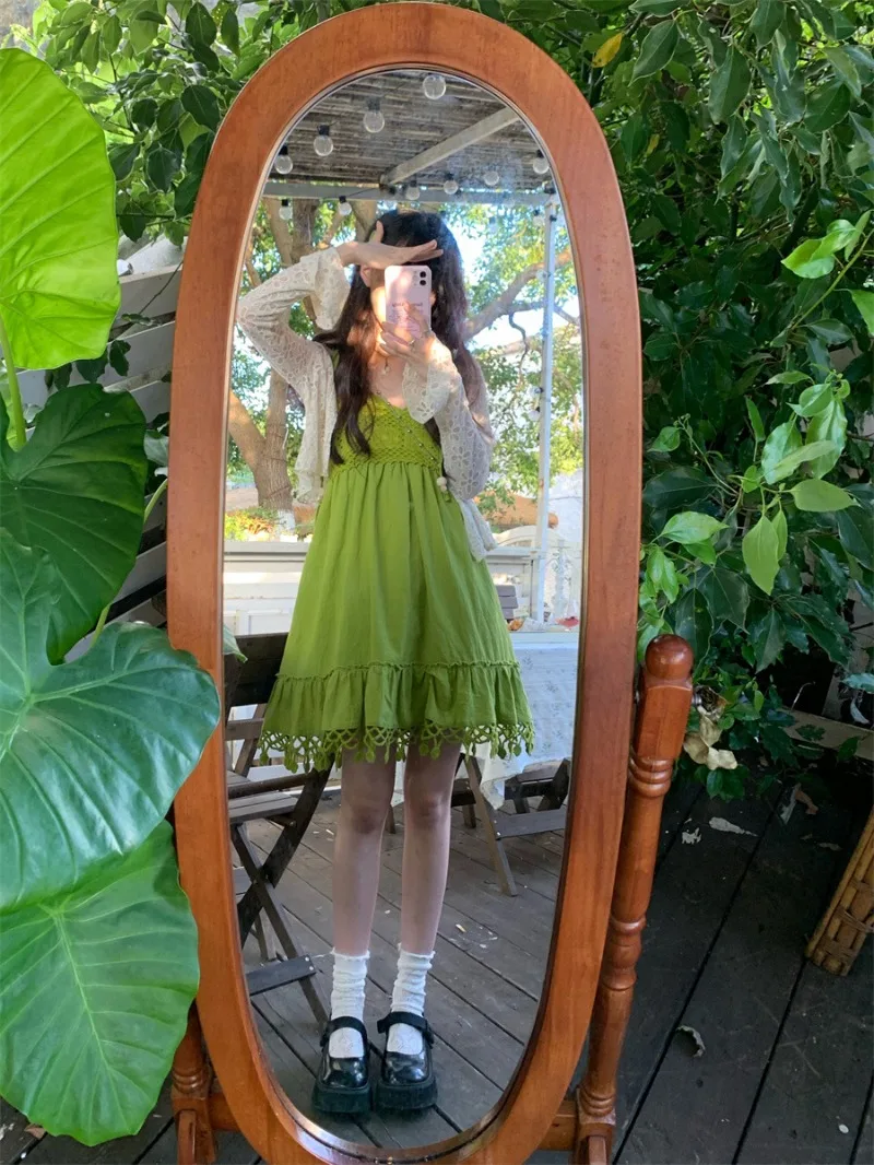 Women Summer Green Slip Dresses Chic Sweet Girl Dress New Cute V Neck Knitted Dress Cottagecore Kawaii Clothes Lolita Streetwear
Women Summer Green Slip Dresses Chic Sweet Girl Dress New Cute V Neck Knitted Dress Cottagecore Kawaii Clothes Lolita Streetwear