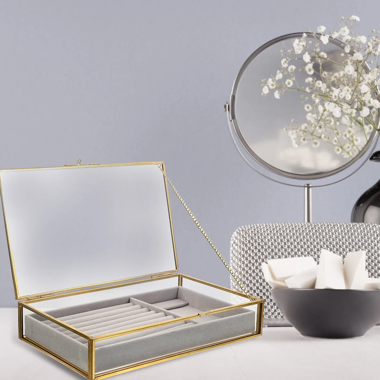 Glass Jewelry Box Storage Container Earrings ganizer Case Decorative Home Vintage Metal Chain Sturdy Display Box
Glass Jewelry Box Storage Container Earrings ganizer Case Decorative Home Vintage Metal Chain Sturdy Display Box