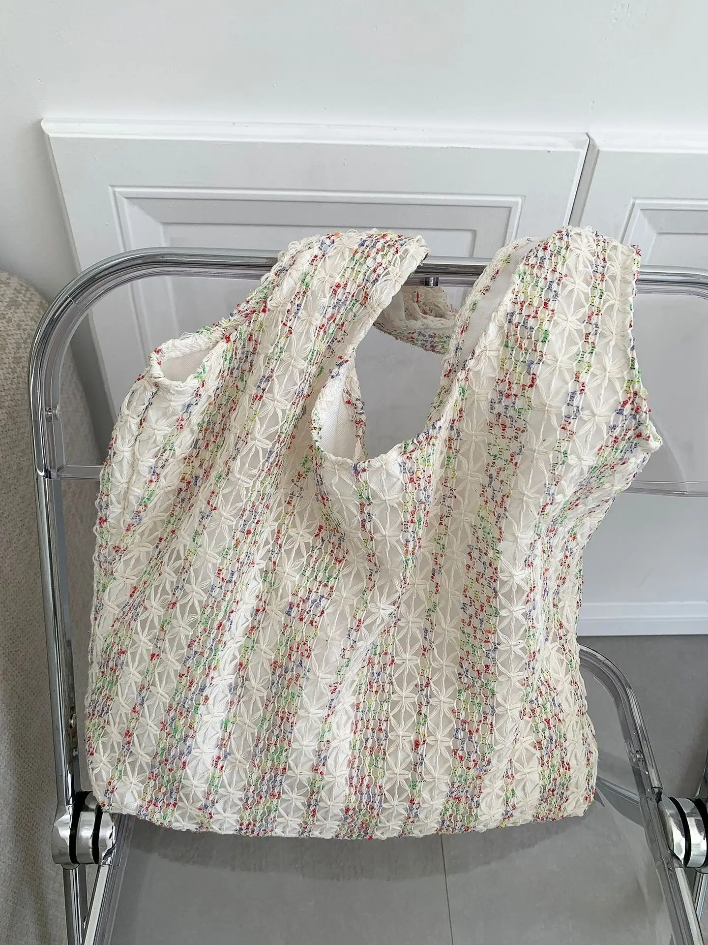 Neon Color Knitted Canvas Tote Bag for Women, Large Capacity Casual Shoulder Bag Fashion Commute School Bag for College Students Neon Color Knitted Canvas Tote Bag for Women, Large Capacity Casual Shoulder Bag Fashion Commute School Bag for College Students